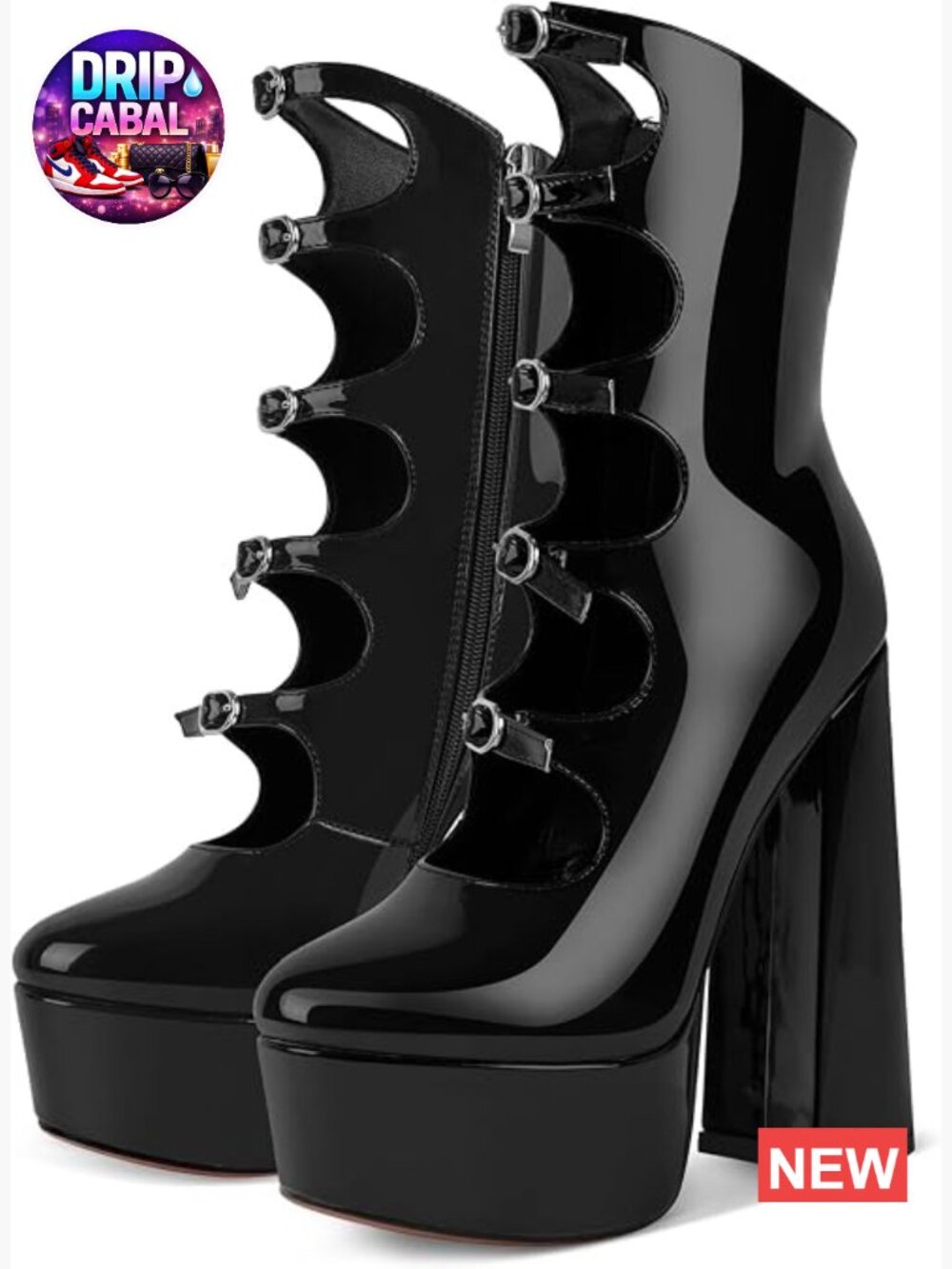 Platform High Heels Side Zipper Adjustable Buckles Block Heel Pumps